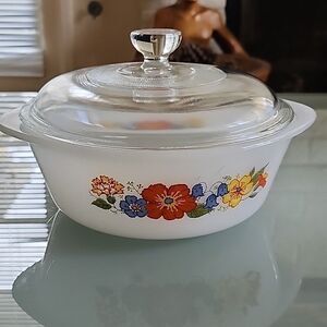 Vintage Glasbake "Wildflowers" Milkglass MCM Baking Dish With Lid